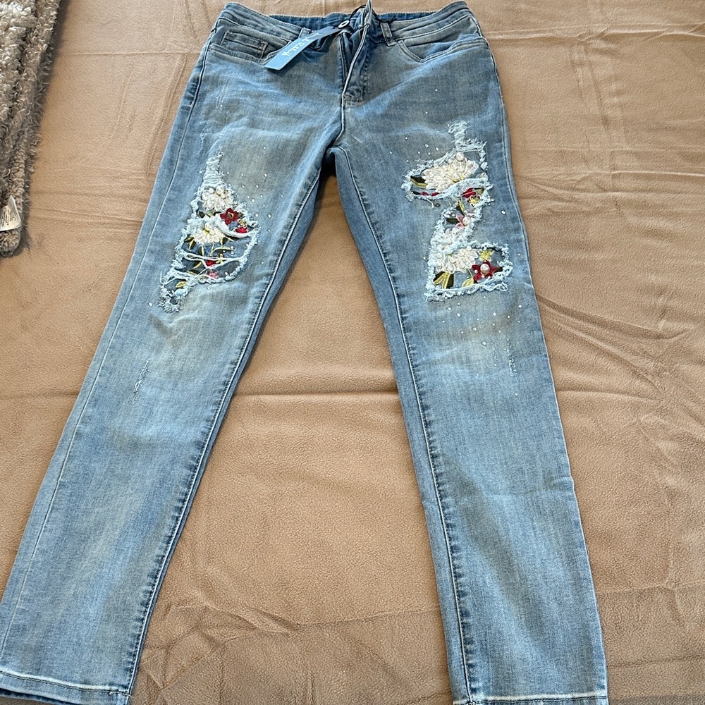 Joseph Ribkoff Blue Embroidered Straight Leg Jeans